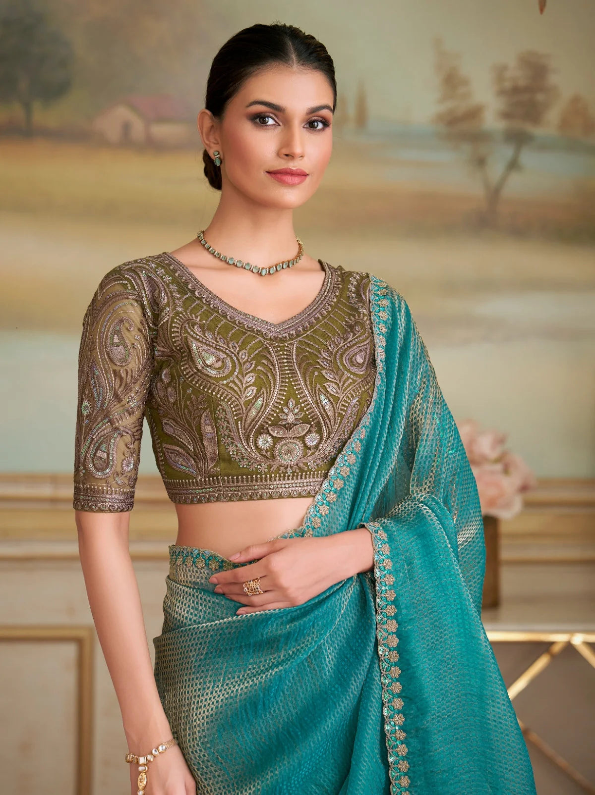 Azure Blue Dual Tone Georgette Silk Saree with Stylish Blouse Piece