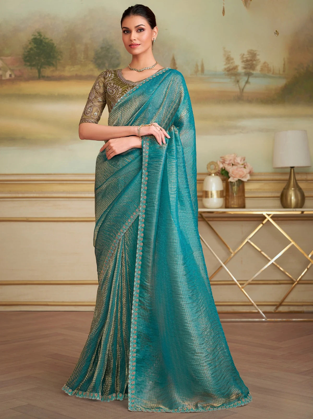 Azure Blue Dual Tone Georgette Silk Saree with Stylish Blouse Piece